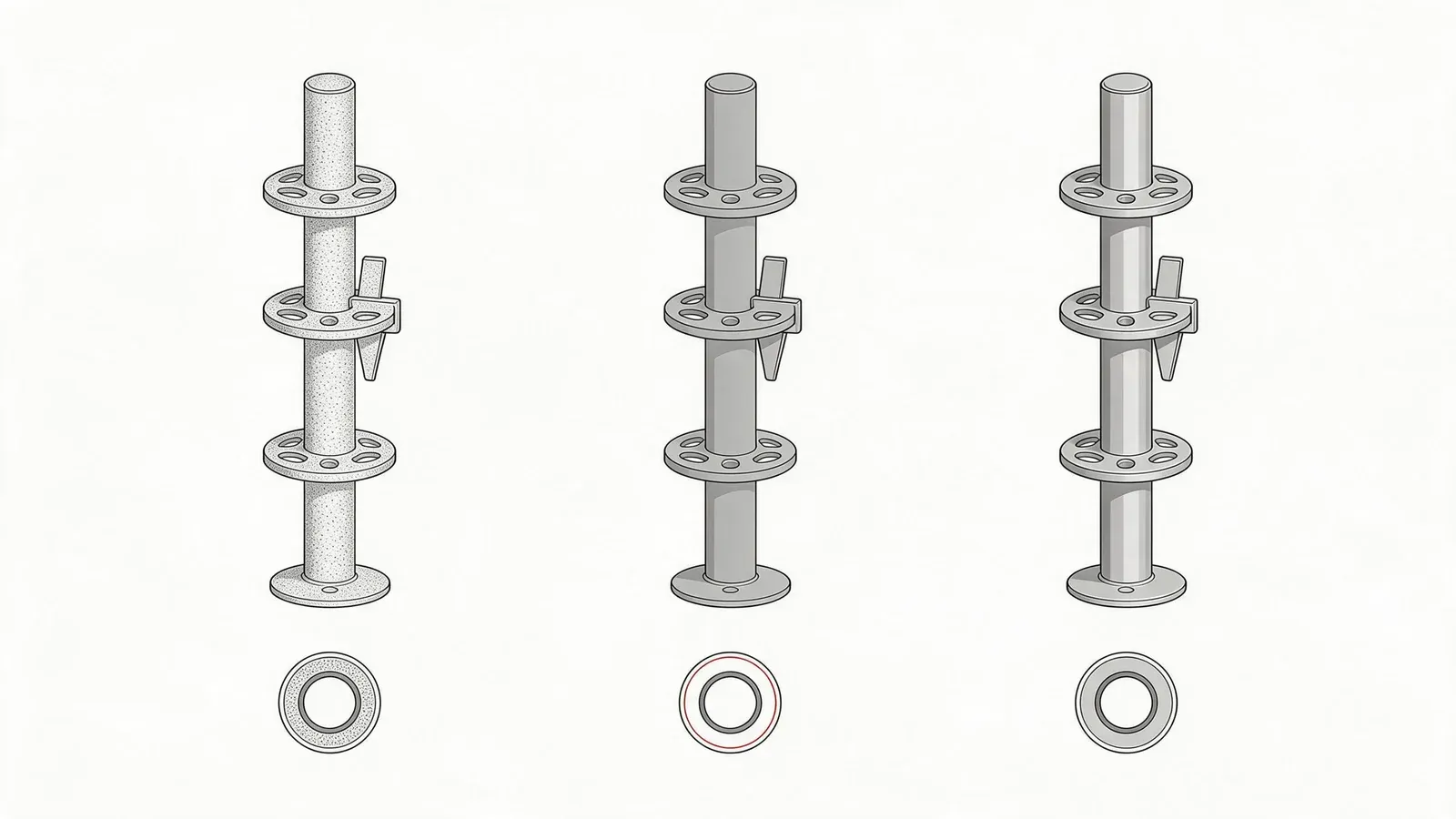 Line drawing comparing hot-dip galvanized, painted and powder coated scaffold standards with tube cross-sections