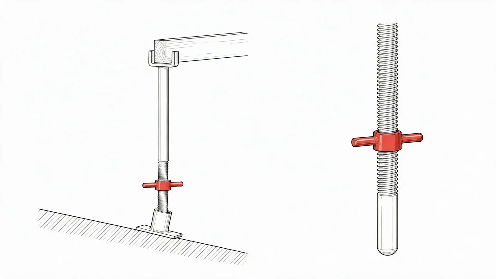 Line drawing of a scaffolding base jack levelling a standard on sloping ground and a U-head jack carrying a bearer