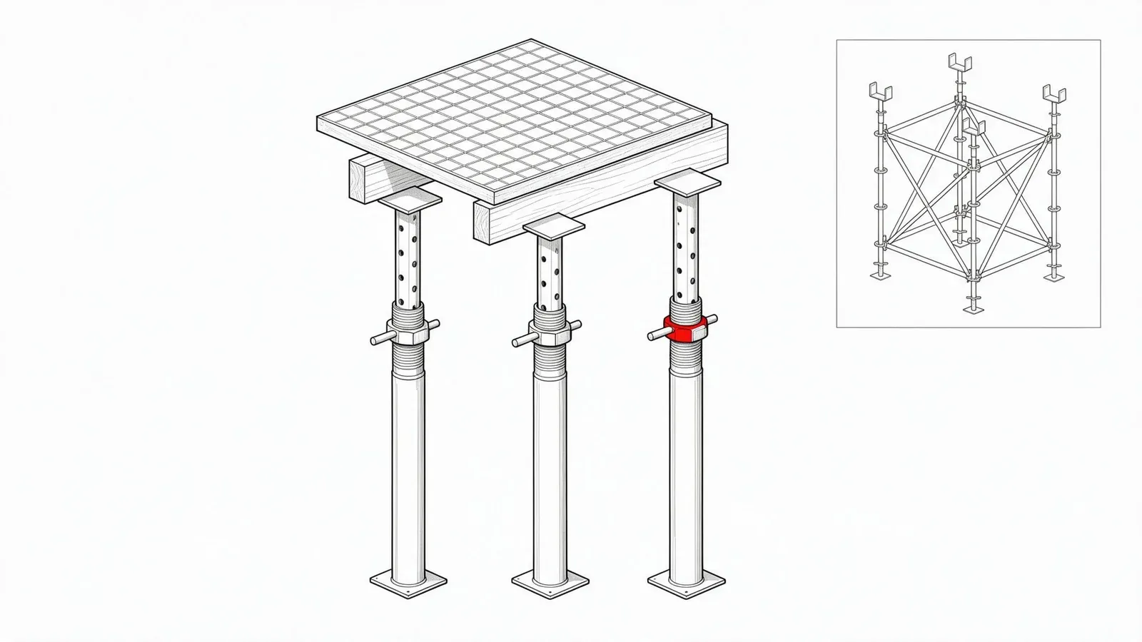 Line drawing of adjustable steel props used as shoring posts under slab formwork, with a ringlock shoring tower inset